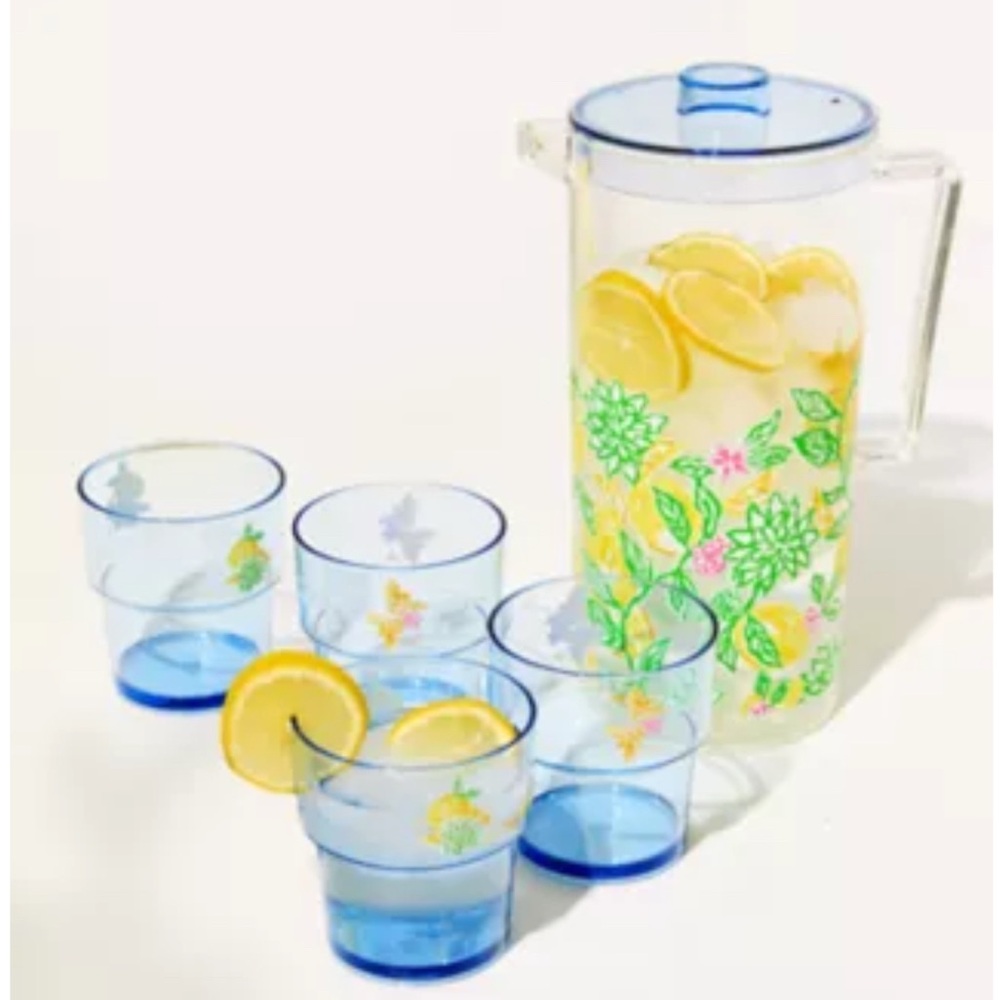 Floral Blue Pitcher and Glass Set